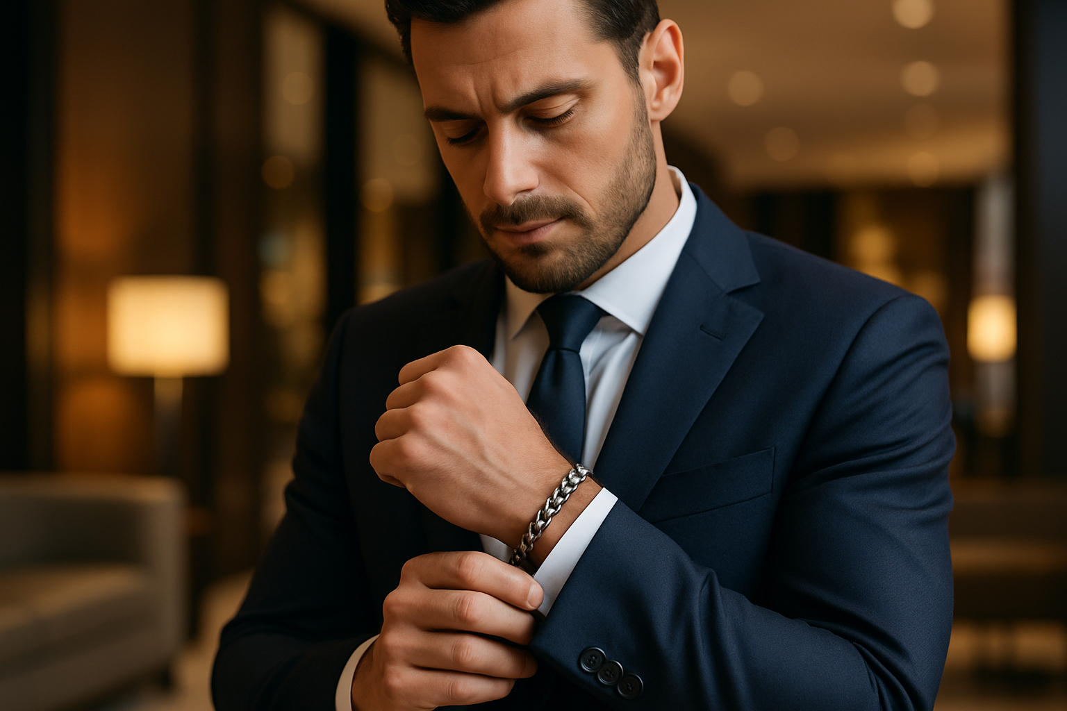 Using the bracelet selected, create a lifestyle image with a well dressed man wearing it.  